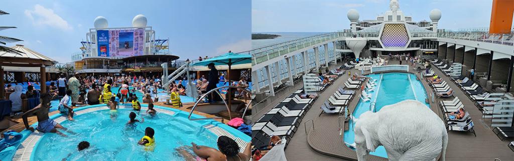 Crowded Pool Deck on Carnival Celebration (left) and Resort Deck on Celebrity Beyond (right)