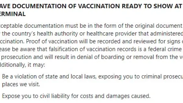 Vaccination Documentation Email from Celebrity Cruises